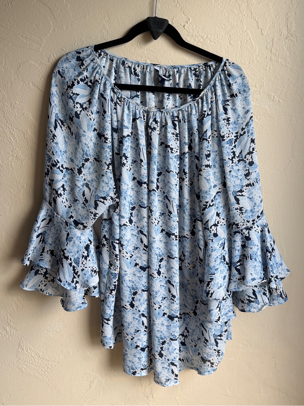 Chaps Light Blue and Navy Abstract Bell Sleeve Blouse